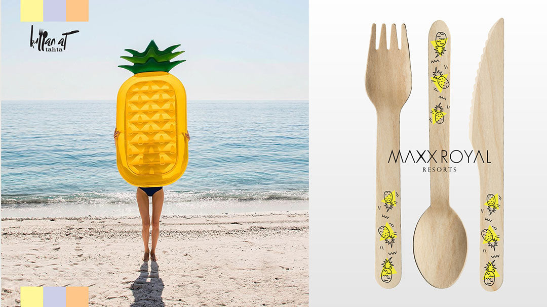 Maxx Royal Resorts için logo ve ananas deseni baskılı tahta çatal, kaşık ve bıçak