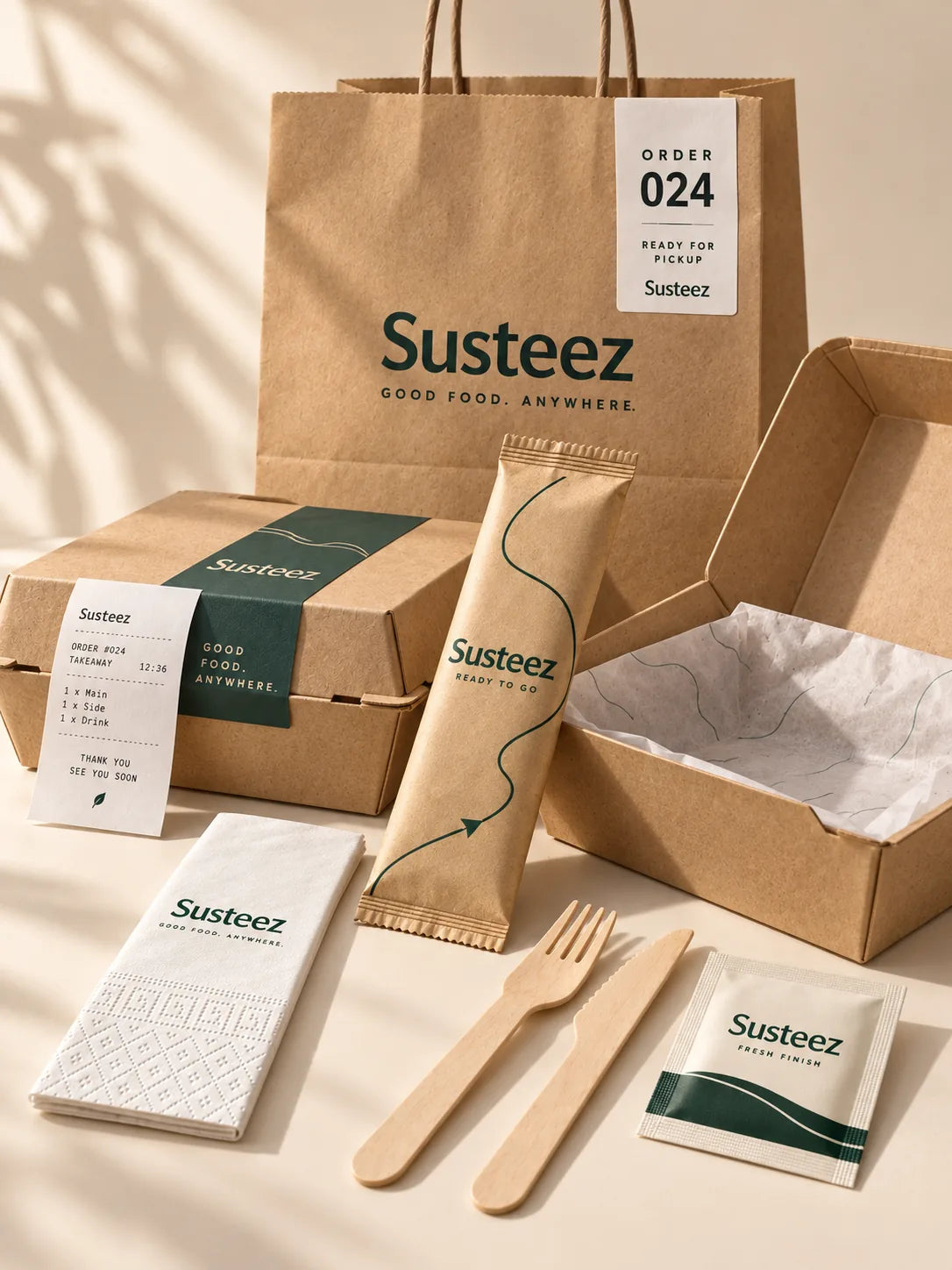 Paket servis çantası ve kutularının önünde kılıflı set, tahta çatal ve bıçak, peçete ve ıslak mendil